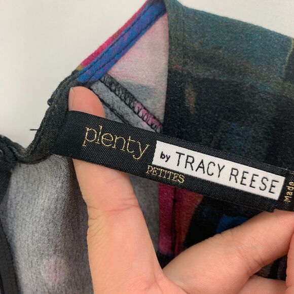 Plenty Tracy Reese Midi Dress XSP Petite Back Zip Round Buttons Puff Sleeve Geo - Picture 11 of 16